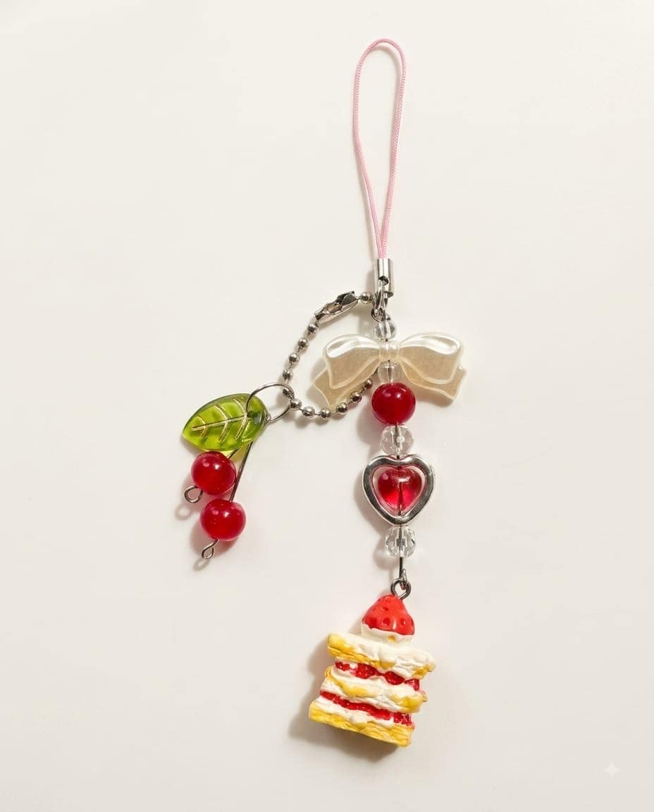 Handmade Cherry Cake Phone Charm | Cute Coquette Strawberry Shortcake Strap