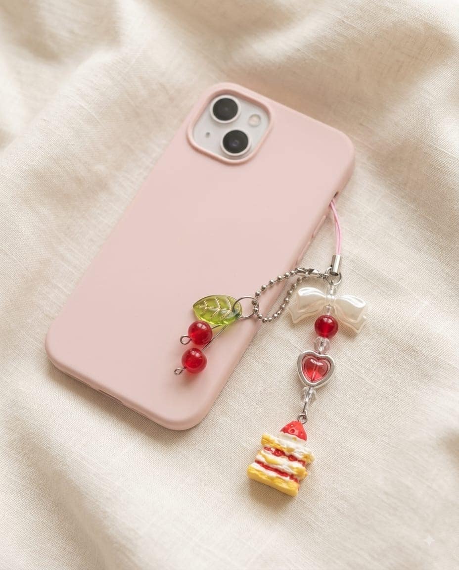 Handmade Cherry Cake Phone Charm | Cute Coquette Strawberry Shortcake Strap — image 2