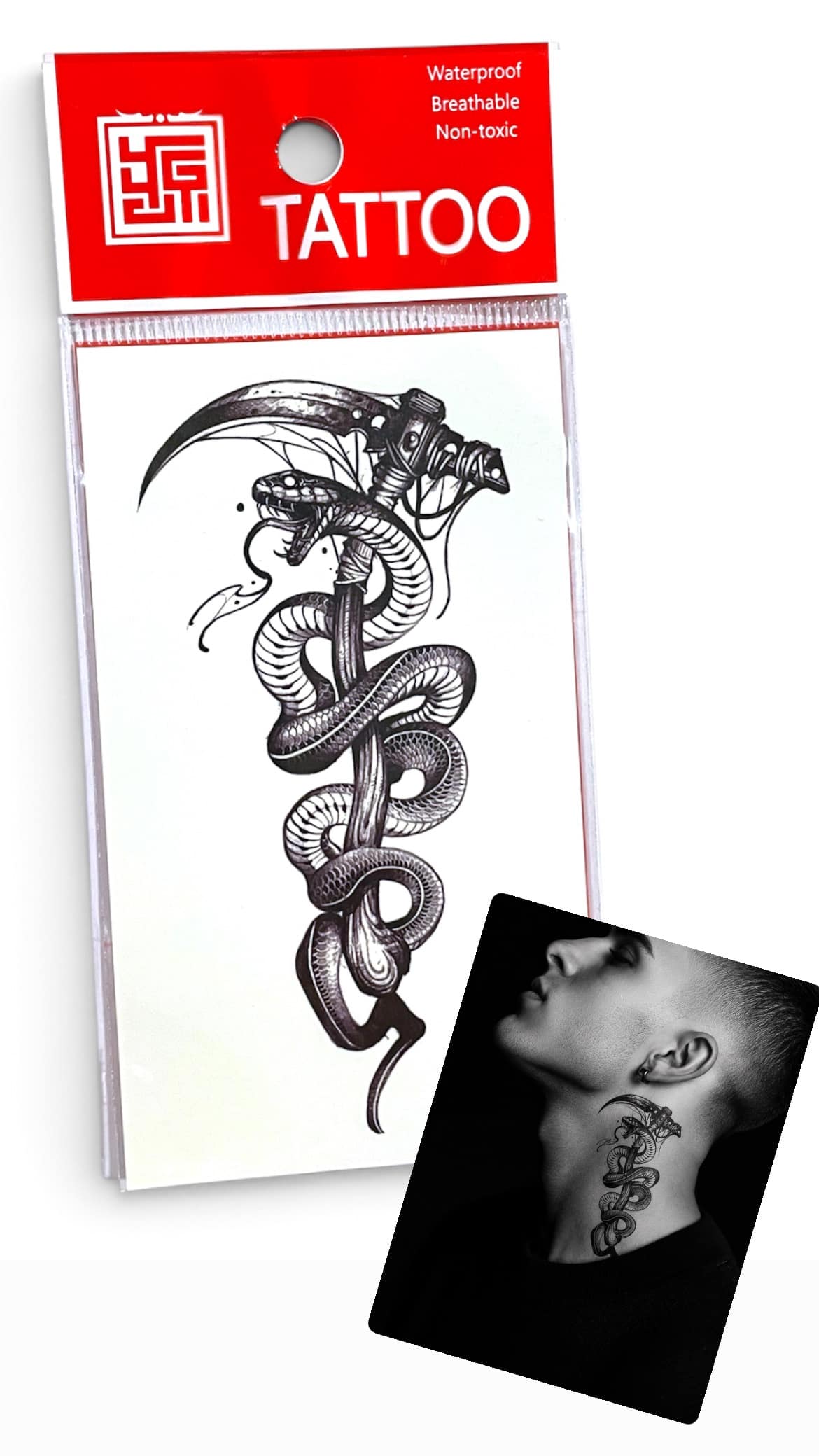 Snake & Scythe Temporary Tattoo | Dark Gothic Serpent Body Art