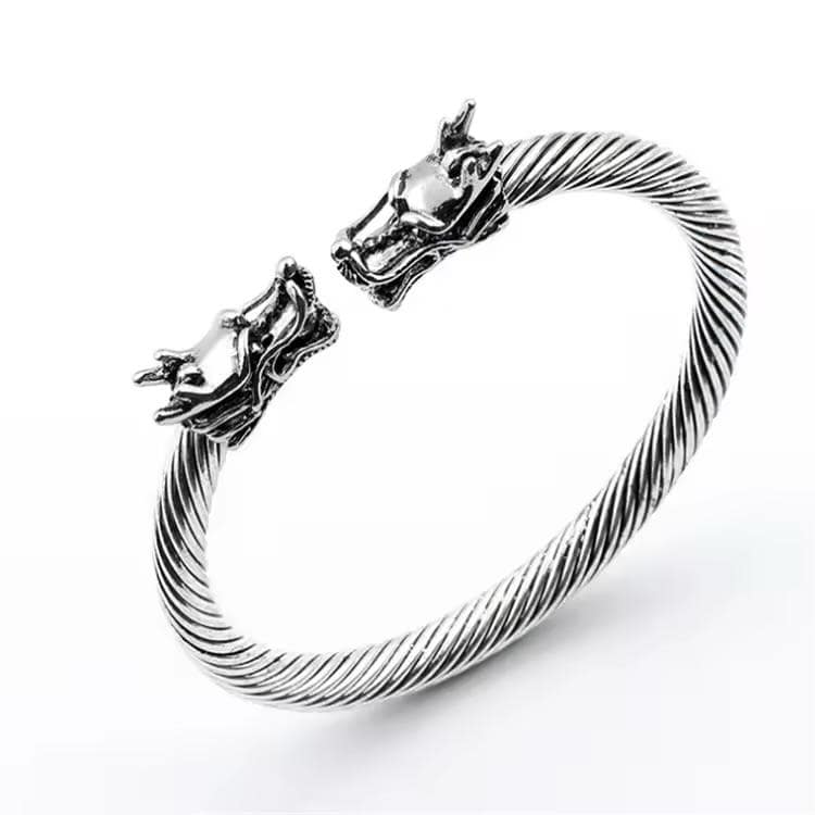 Vintage Double Dragon Head Cuff Bracelet - Unisex Silver Viking Torque Bangle