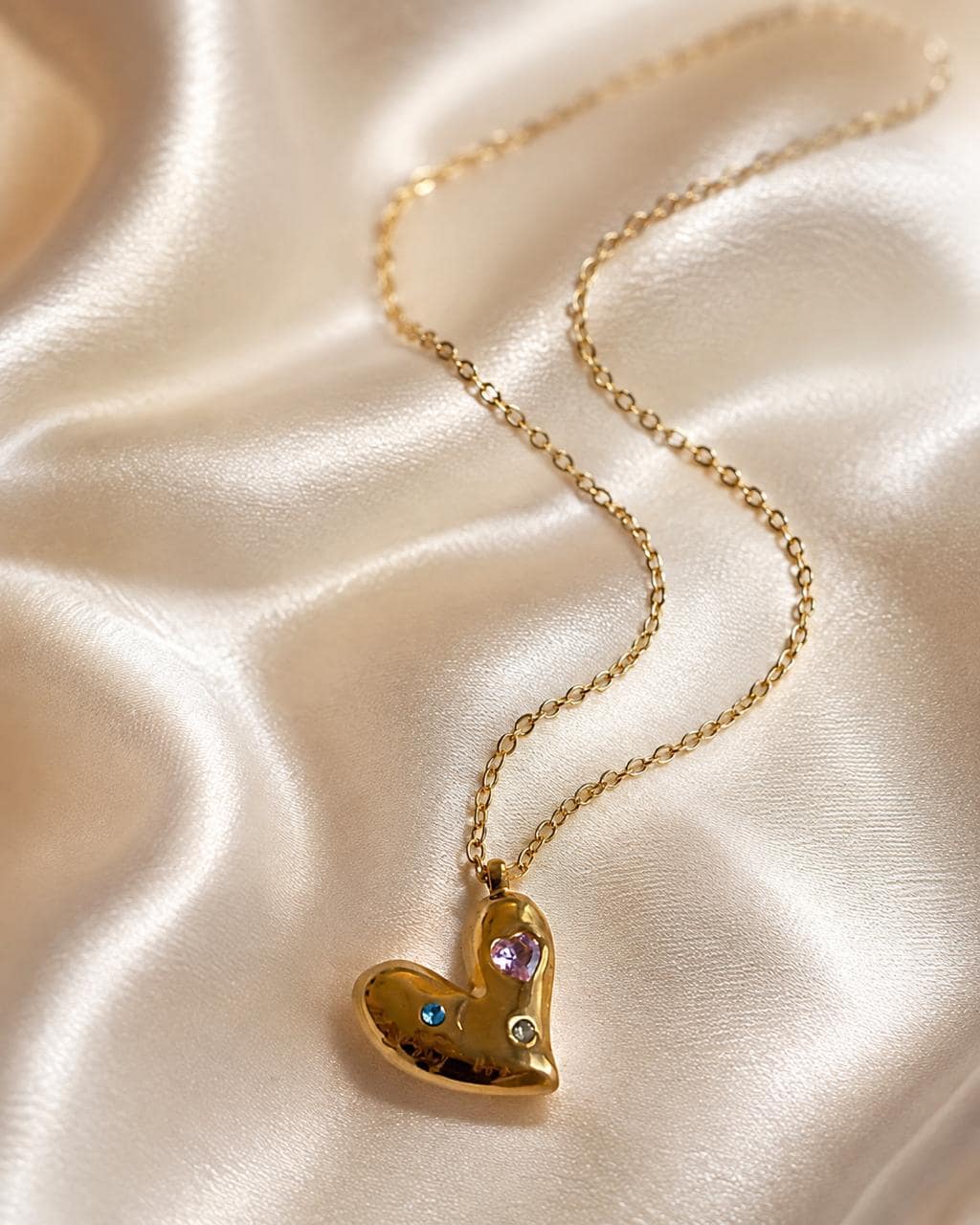 Gold Heart Pendant Necklace with Gemstones - Dainty Puffed Heart Charm