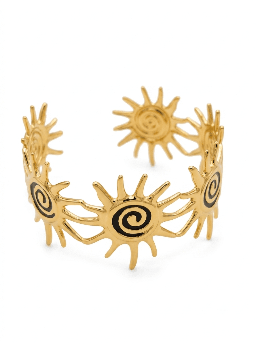 Celestial Sun Cuff Bracelet – Gold Spiral Sol Motif Bangle