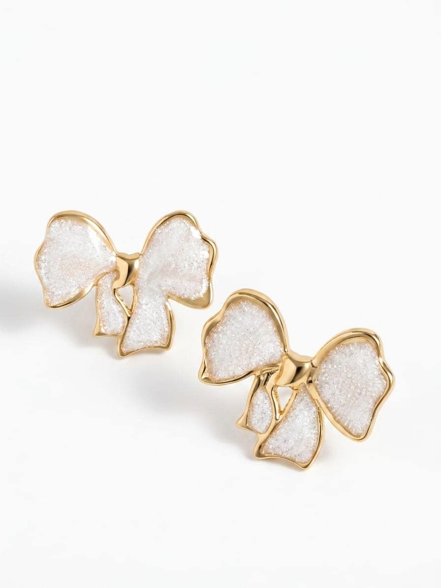 Clara Earrings-Gold Coquette Ribbon Bow Earrings with White Shimmer Accent