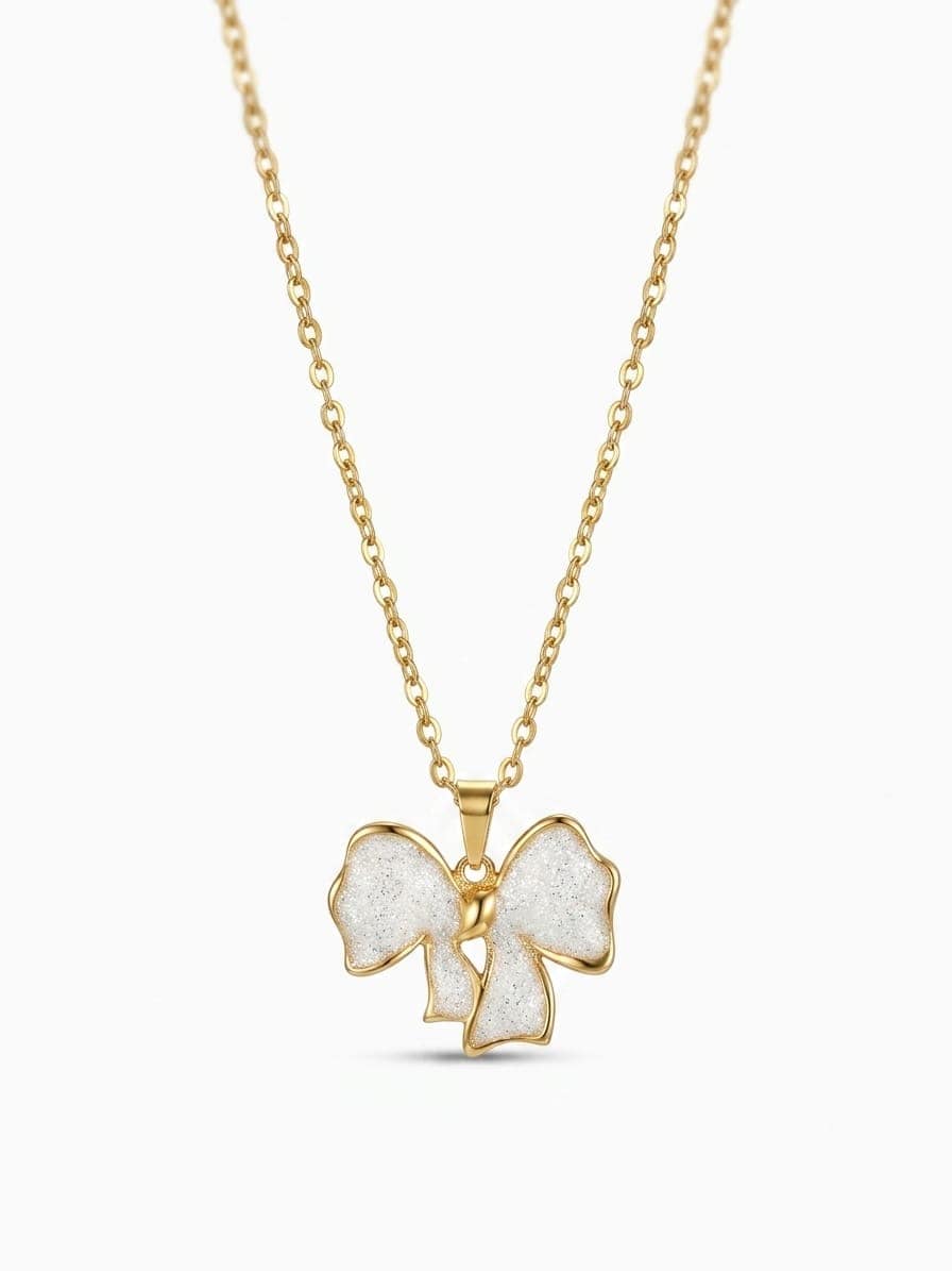 Clara Necklace-Tarnish-Free Gold Bow Necklace - Sparkling White Druzy Pendant