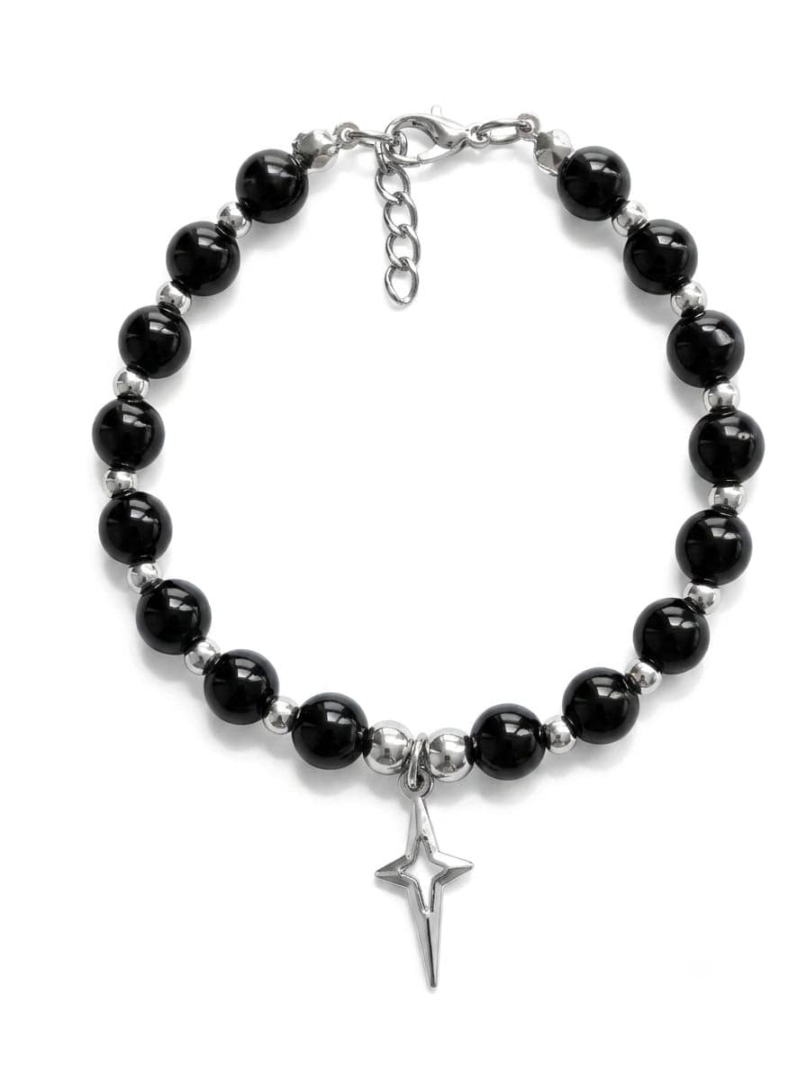 Celestial Eclipse: Silver Four-Point Star Beaded Bracelet
