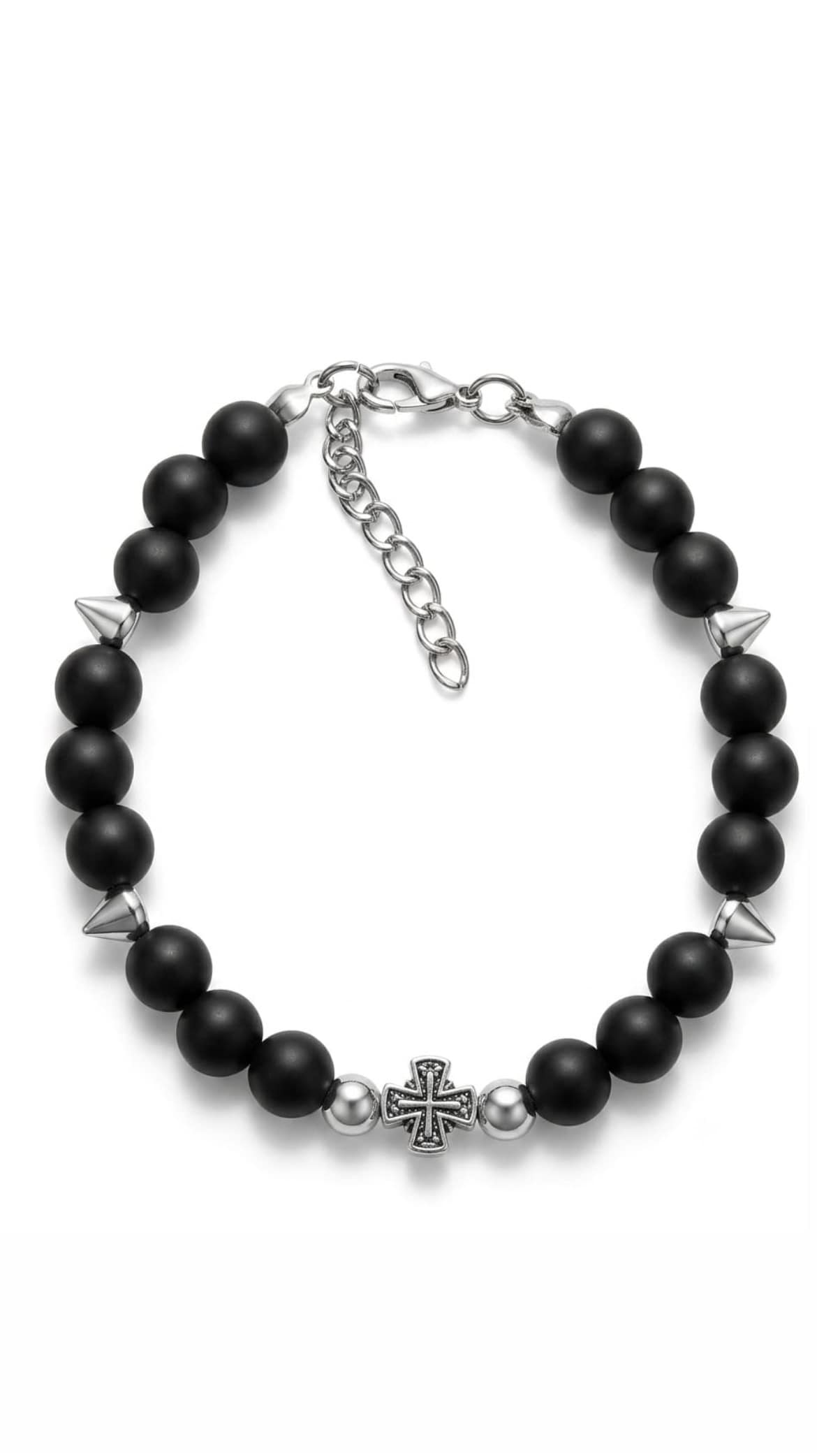 Obsidian Faith: Spiked Cross Beaded Charm Bracelet