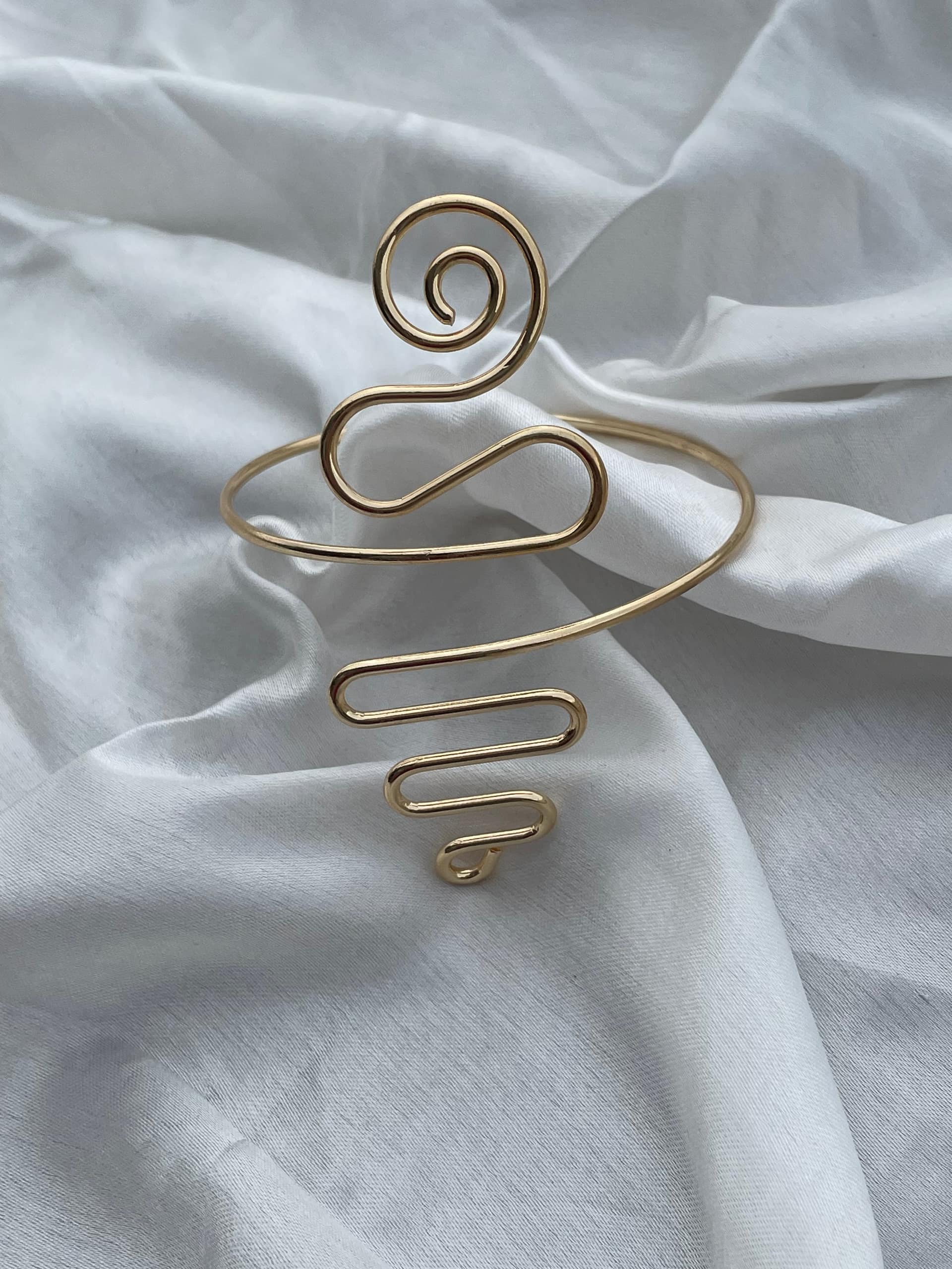 Gold Swirl Arm Cuff Bracelet, Abstract Spiral Upper Arm Band