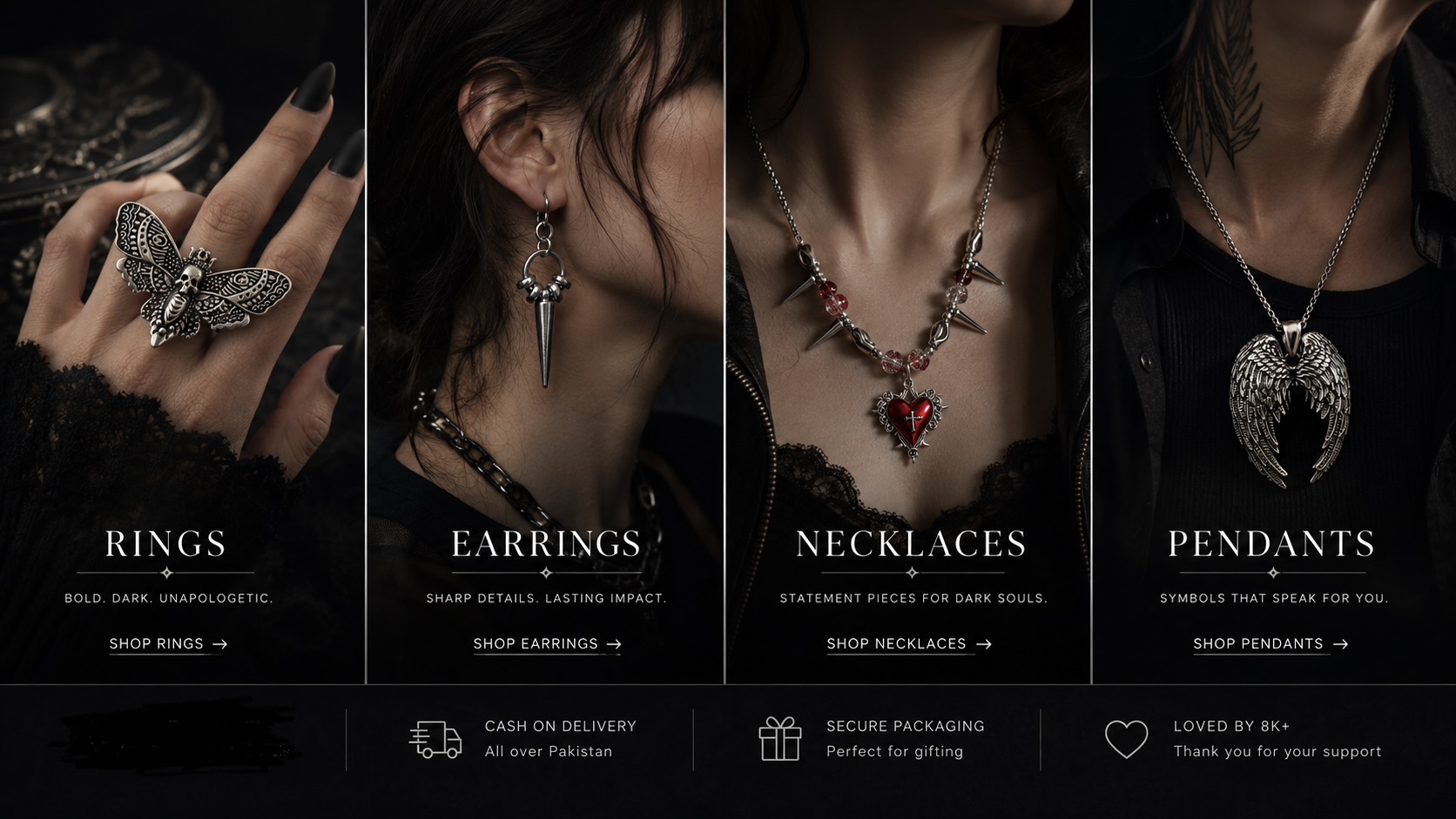 Dark gothic rings, earrings, necklaces, and pendants