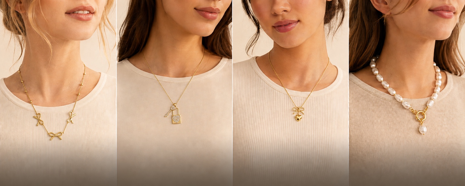 Feminine gold bow, heart, lock, and pearl necklaces